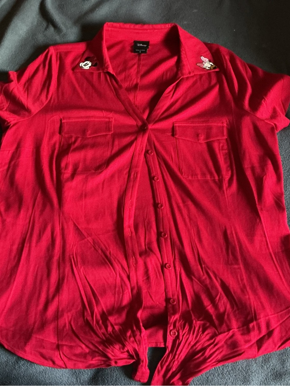 Disney Bright Red Short Sleeve Button-Up Shirt with Embroidered Collar